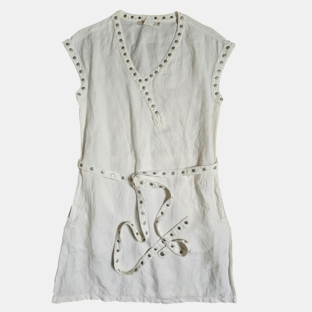 Murmur Linen Studded Mini Dress S Belted Cap Sleeve Clean Girl Elevated Basic